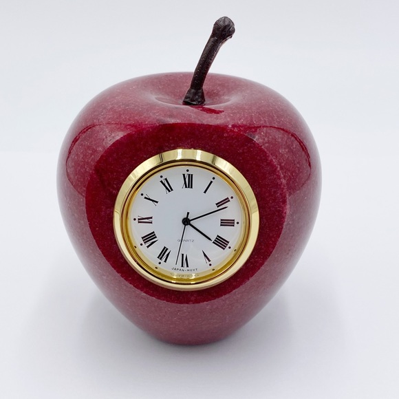 Vintage Marble Red Apple Clock Paperweight Japan Movement Quartz Clock - Picture 1 of 9